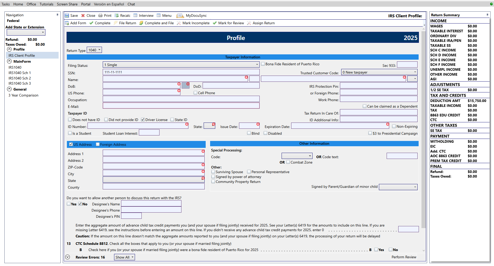 AdroitTL professional tax software return input screen
